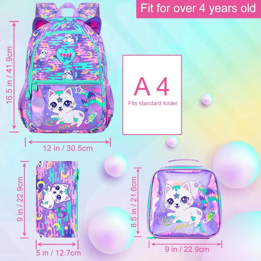 16.5 Inch Cat Backpack Set For Girls Waterproof Lightweight