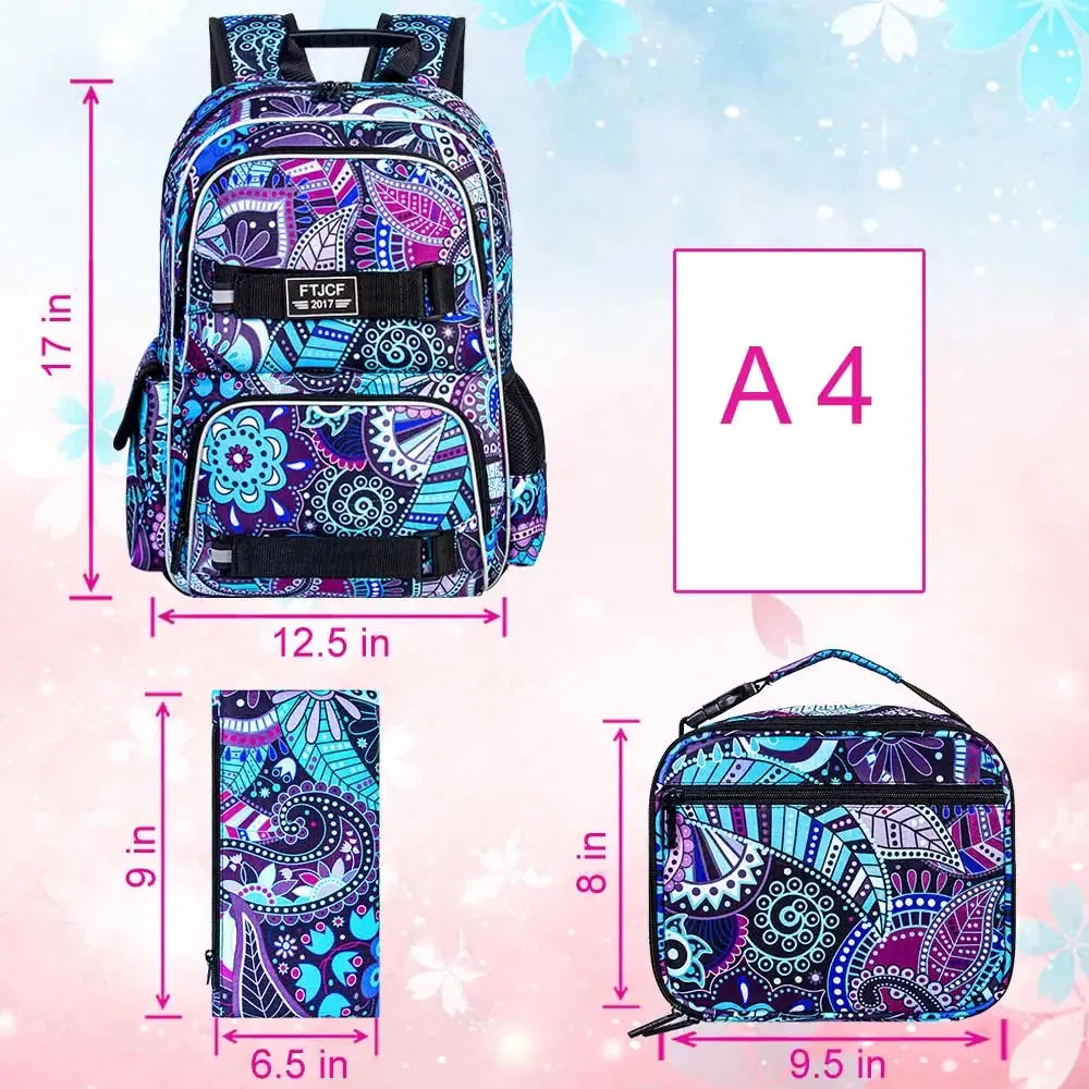 3 Piece Floral Backpack Set 16 Inch School Bag Anti Theft Daypack Lunch Bag