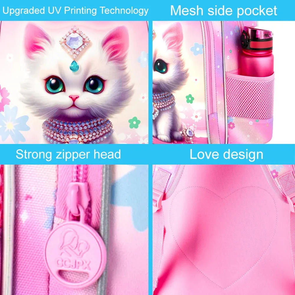 3 Piece Girls Backpack Set 16 Inch Cat Design For Elementary School With Lunch Box