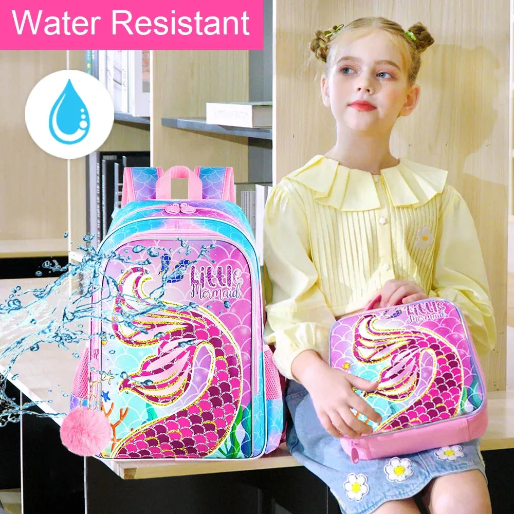 3 Piece Mermaid Backpack Set For Girls 16 Inch Preschool Bookbag Lunch Box