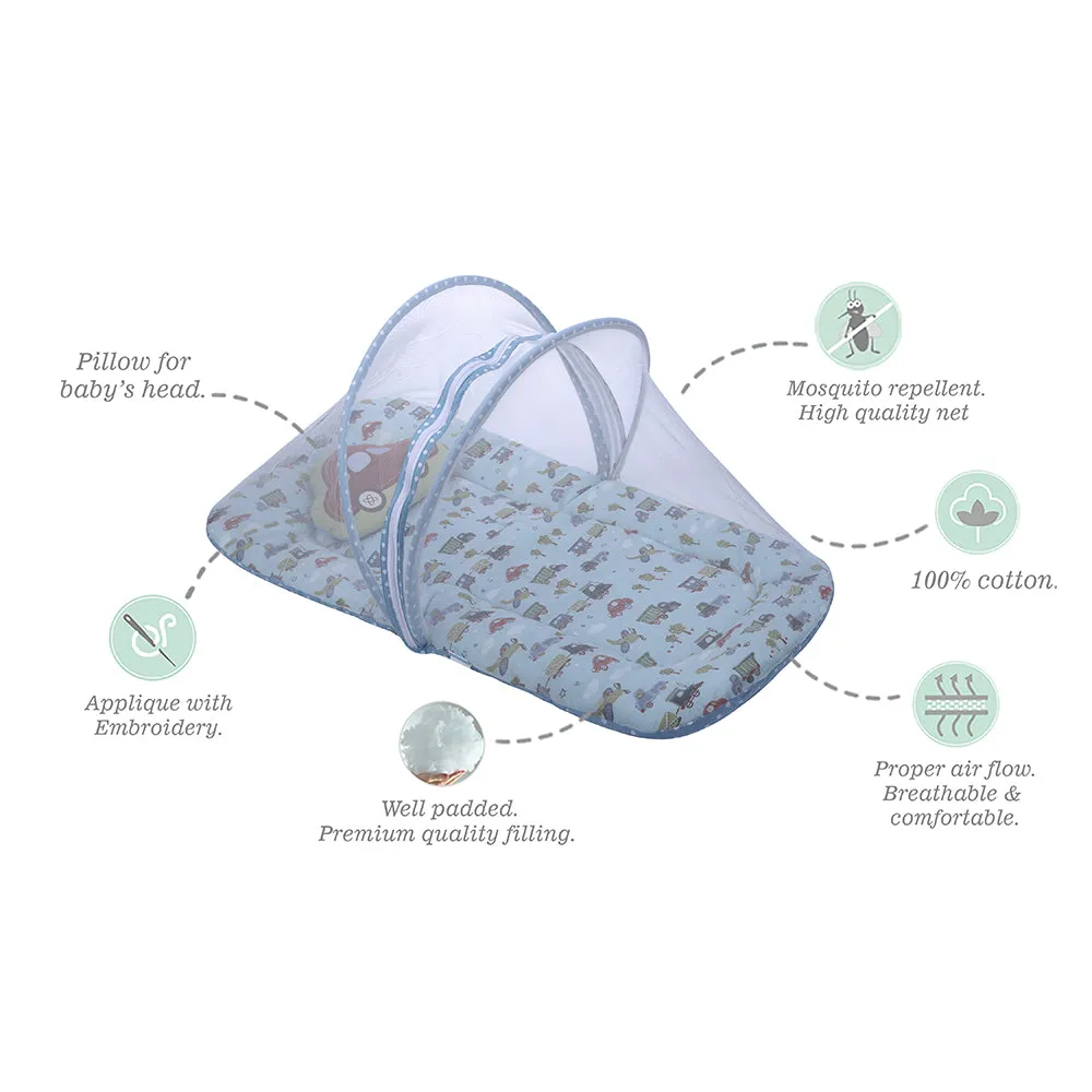 Abracadabra Gadda Set with Mosquito Net & Shaped Pillow Transport Theme - Light Blue