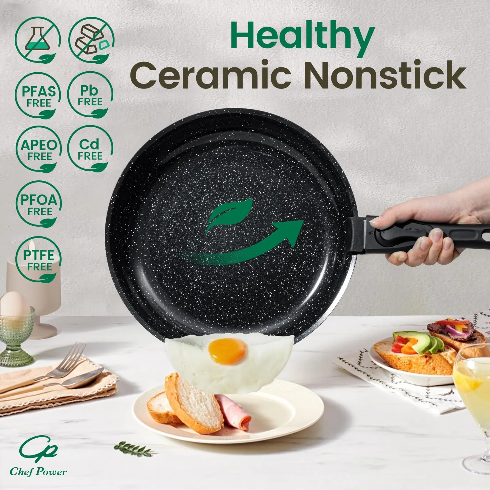 Chef Power Ceramic Nonstick Cookware Set 19 Piece with Detachable Handle, Induction Dishwasher Oven Safe Pans and Pots Set, RV Kitchen Set Removable Handle, Rock Stone Black