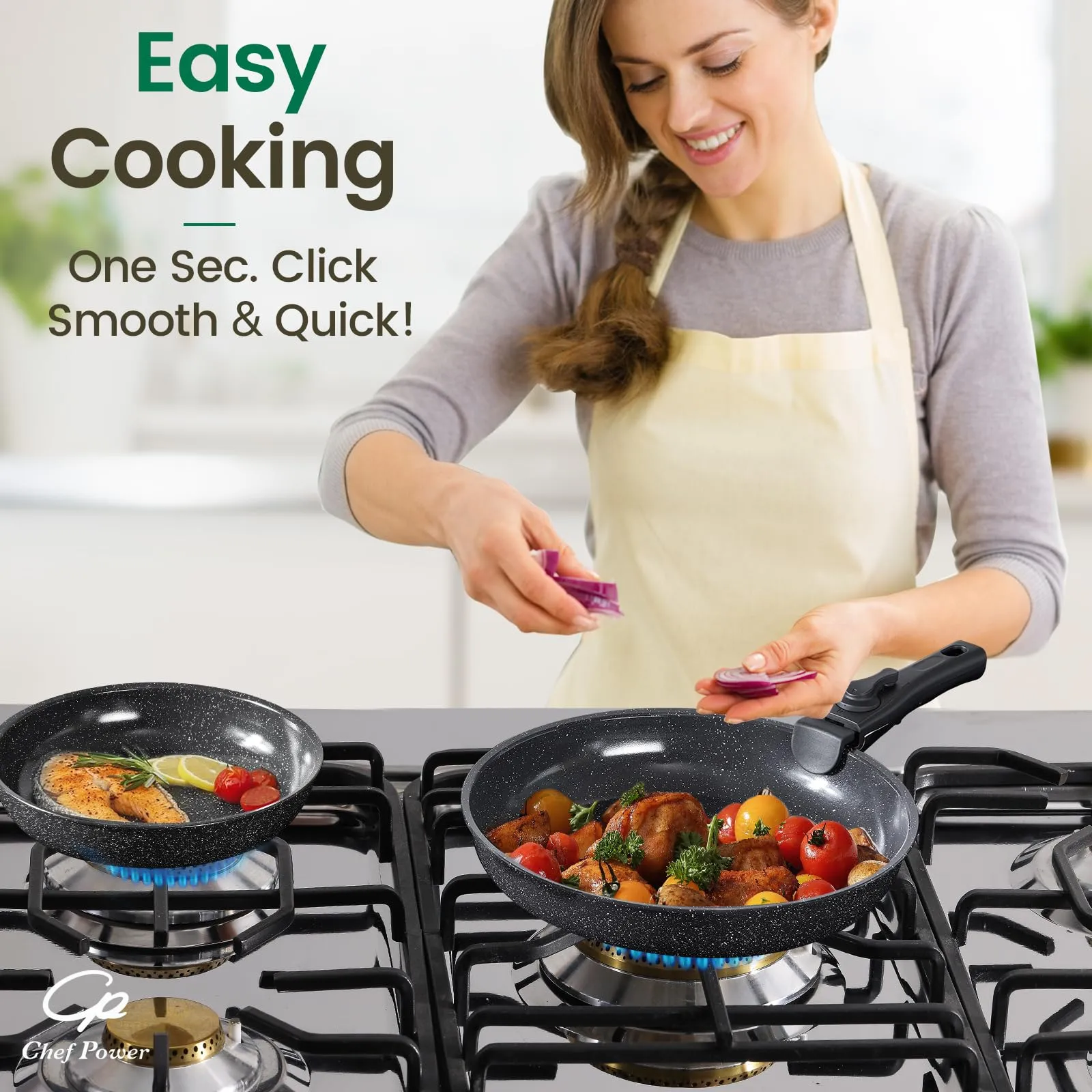 Chef Power Ceramic Nonstick Cookware Set 19 Piece with Detachable Handle, Induction Dishwasher Oven Safe Pans and Pots Set, RV Kitchen Set Removable Handle, Rock Stone Black